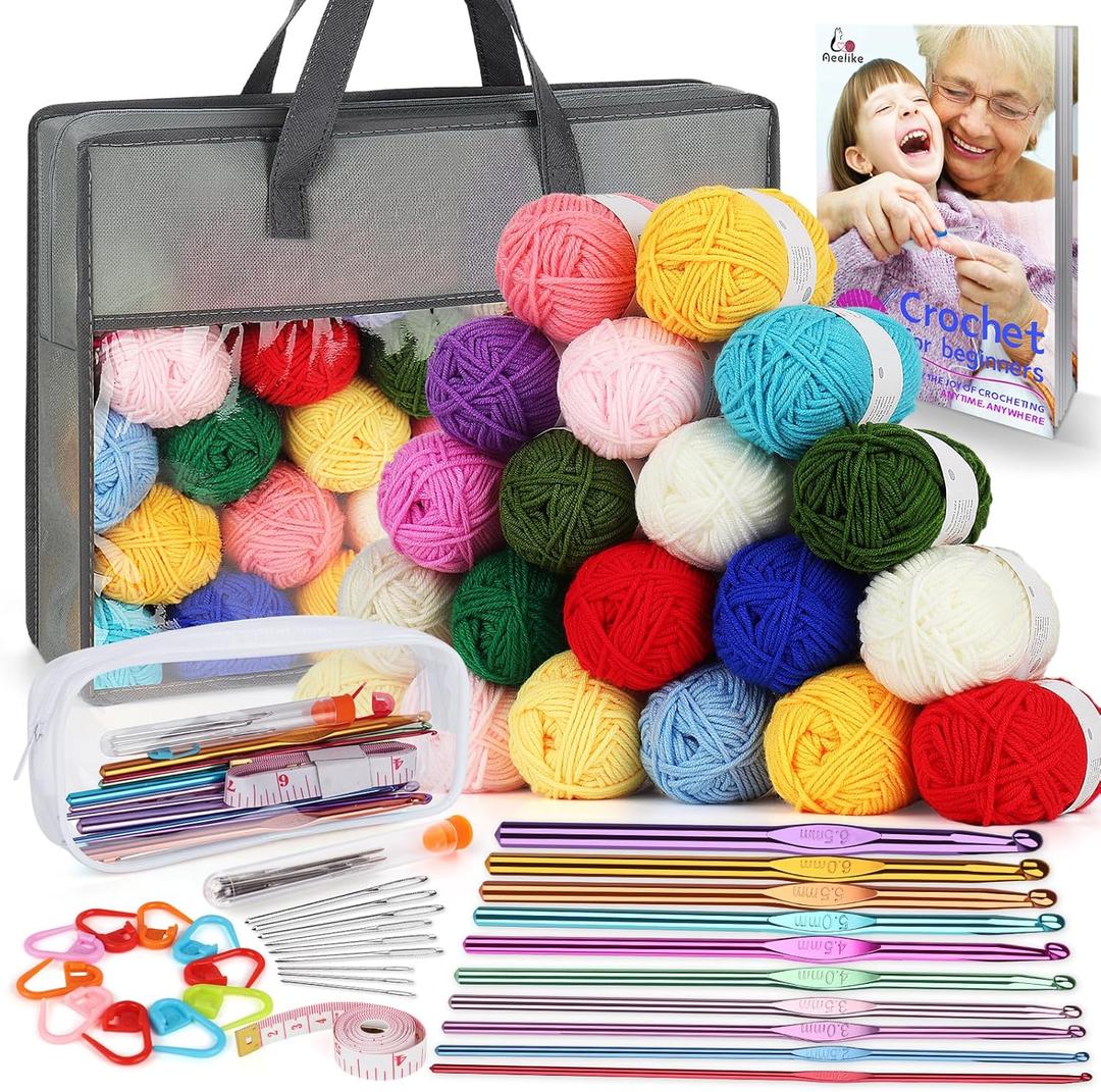 Aeelike Yarn Kit, 1093 Yards Crochet Yarn for Crocheting Complete Knitting Kit for Beginners Professionals with Aluminum Crochet Hooks Detailed Instruction, Ideal Crochet Yarn Set/Gift (Grey)