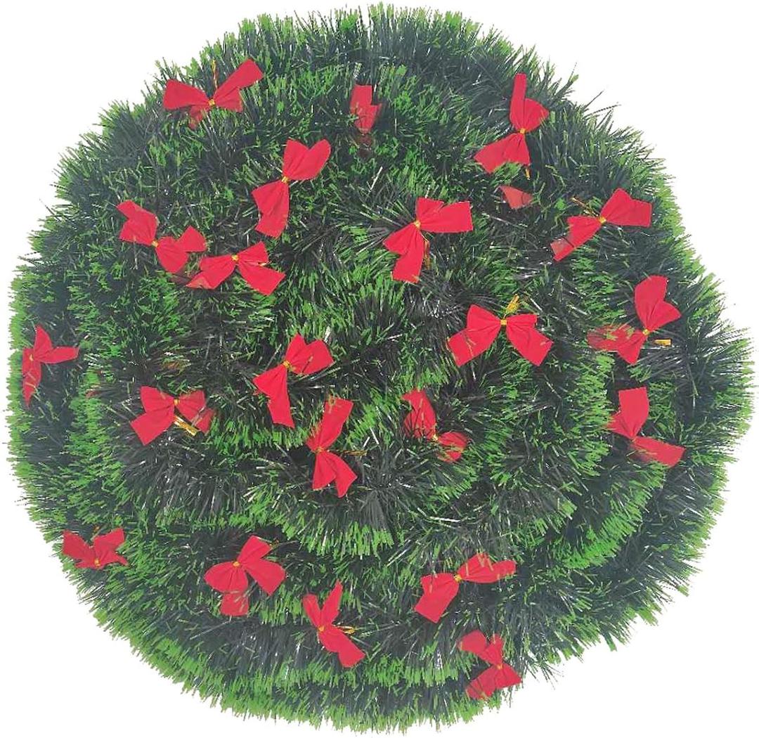 3Pcs x 8.2ft (Total:24.6ft) Christmas Tinsel Garlands with 24 Pcs Red Bows for Indoor and Outdoor Holiday Mardi Gras Xmas and Other Festivities Party Supply (Green)