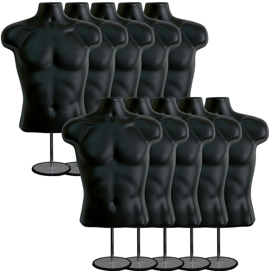 DisplayTown Male Mannequin Torso with Metal Stand Hollow Back Body Stackable Dress Form for Tshirt Display, Countertop, Craft Shows, Photos and Design, S-M Clothing Size (Black, Set of 10)