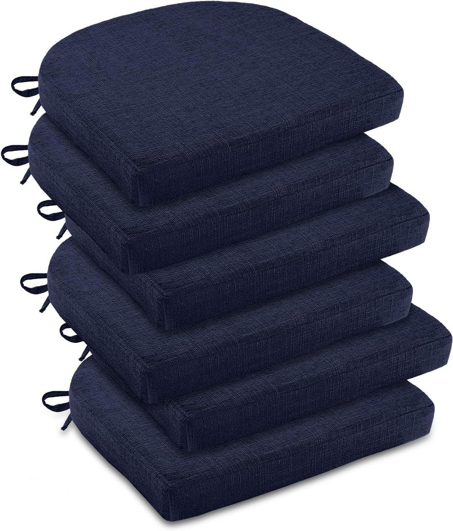 downluxe Indoor Chair Cushions for Dining Chairs, Soft and Comfortable Textured Foam Kitchen Chair Pads with Ties and Non-Slip Backing, 16" x 16" x 2", Navy, 6 Pack