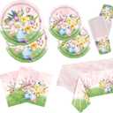 Floral Party Supplies Set, Pink and Green Theme, Includes Plates, Cups, Napkins and Tablecloth for Spring, Summer, Garden, Tea Party, Bridal Showers, Baby Showers, Serves 25