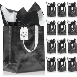 KeerxunBag Graduation Party Black Reusable Favor Bags - 12-Pack (10x4x8 Inch) Includes Ribbon, Cardstock, Labels & Black/White Tissue (Black -Set of 12 -Medium Size)
