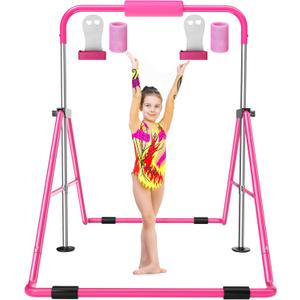 Safly Fun Gymnastics Bar for Kids 3-9, Foldable & Adjustable 35"-51", Supports 140Lbs with Pad, Easy to Assemble, Gymnastics Equipment for Indoor/Outdoor Training (Pink with Grips)