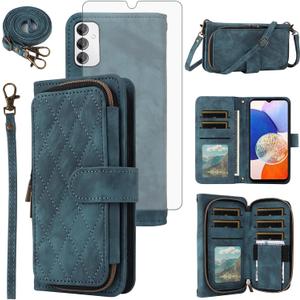 Phone Case for Samsung Galaxy A14/M14 5G Wallet Cell Cover with Tempered Glass Screen Protector Crossbody Lanyard Strap Flip Stand Zipper Purse Card Holder Slot Cash A 14 4G 14A 14M G5 Women Men Blue