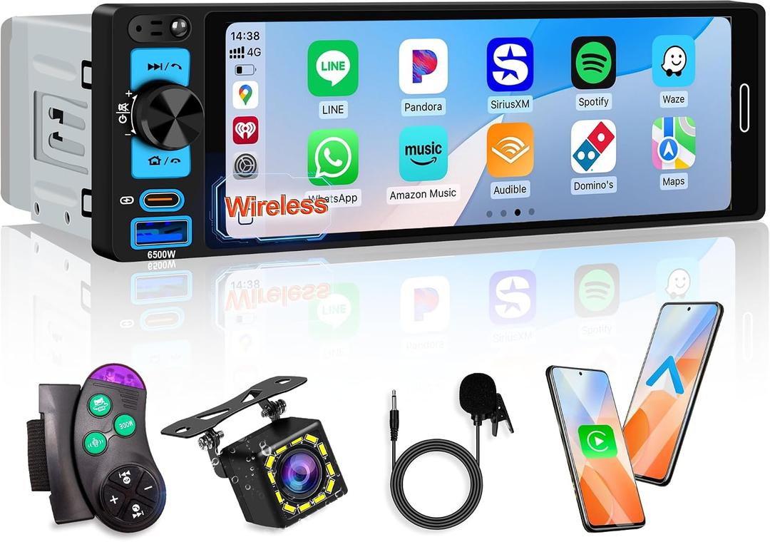 6.5 Single Din Car Stereo Receivers with Wireless Apple CarPlay, IPS Touchscreen 1280x452, Bluetooth 5.2, Car Radio FM AM, Backup Camera, USB Type-c Fast Charging, Android Auto, GPS Navigation, SWC