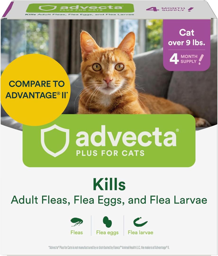 Advecta Plus Topical Large Cat Flea Treatment for Cats and Kittens, Flea Prevention and Control, Fast-Acting Waterproof Drops, 4-Month Supply (Large Cats (Over 9 lbs) 4 Dose)