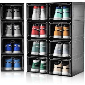 Amllas 12 Pack Shoe Boxes Stackable,Upgraded Sturdy Shoe Storage Boxes with Clear Magnetic Door,Multifunctional Sneaker Storage, Shoe Box Organizer Fit up to US Size 12 Black (13.8”x 9.84”x 7.1”)