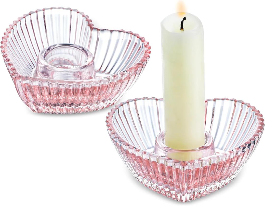 3'' Pink Glass Candlestick Holders, Set of 2 Heart Shaped Candle Holders for Christmas, Wedding, Party, Decoration and Dining