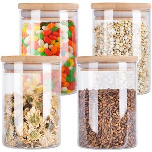 Aoeoe 4 Pack Glass Storage Jars with Airtight Bamboo Lid, 27 OZ Glass Kitchen Canisters, Clear Container for Coffee Bean Storage, Dry Goods, Cookie, Candy, Tea, Spices and More
