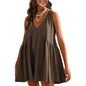 OPCAKM Women's V Neck Sleeveless Mini Dress Loose Summer Pleated Swing Flowy Sundress (X-Large, Brown)