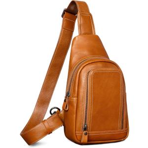 Genuine Leather Sling Bag for Men and Women Crossbody Shoulder Bag Sling Backpack Chest Purse Cross Body Pouch (Tan)