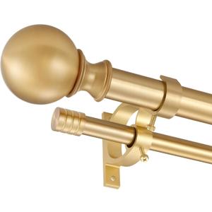 Warm Gold Double Curtain Rods 36-72", Decorative Window Treatment Curtain Rod with Round & Barrel Finials, 1-Inch Front and 5/8 Inch Back Double Telescoping Drapery Rod, Adjustable Double Window Rod