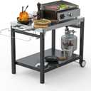 LS'BABQ Outdoor Grill Table Cart, Pizza Oven Stand, BBQ Prep Table with Trash Bag Holder Wheels & Hooks, Double-Shelf Movable Food Prep and Work Stand, Stainless Steel Flattop Grill Cart