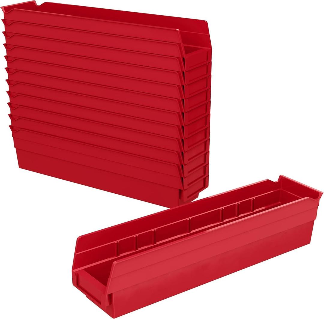 Akro-Mils 30128 Plastic Shelf Bins, Heavy Duty Storage Bins for Garage, Closet, and Drawer Organization, 18-Inch x 4-Inch x 4-Inch, Red, 12-Pack