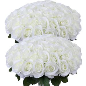 52pcs Ivory Roses Artificial Flowers Ivory White Roses Fake Flowers Silk Roses with Stems for DIY Wedding Bouquets Bridal Shower Centerpieces Arrangements Party Decorations