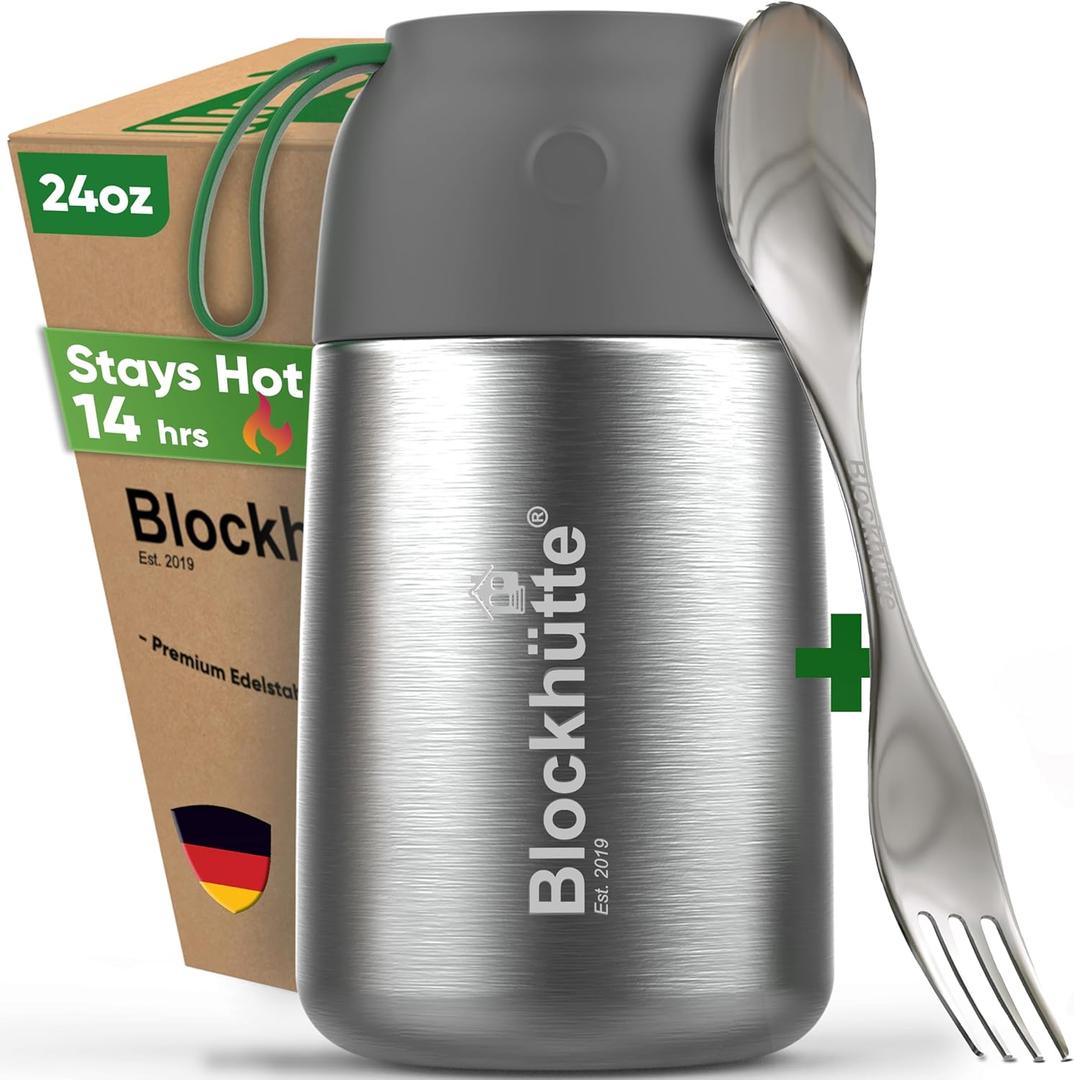 Blockhtte Food Thermos for Adults - 24 oz | Wide Mouth Thermos for Soup with Spork & Brush | Stainless Steel Thermal Lunch Box 14h Hot | Insulated Lunch Containers for Travel, Work, School
