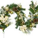 Adeeing 6 FT Christmas Garland with Lights, Pre-lit Outdoor Garland with Battery Operated 20 LED Lights, Holiday Garland with Stars, Flower, Berry Branches(Gold)