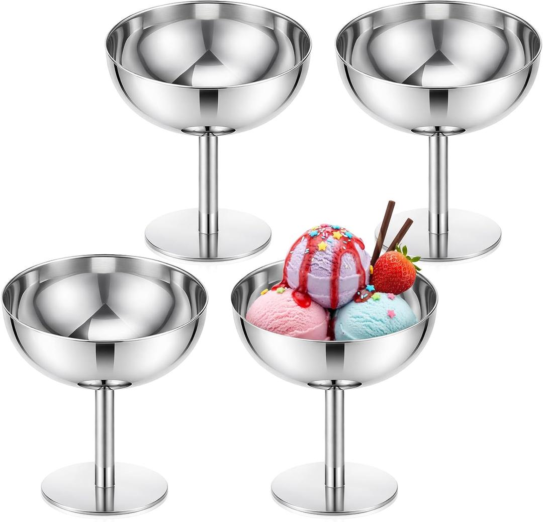 4 PCS Stainless Steel Ice Cream Cup, 7 Oz Serving Dessert Bowls | Silver Coupe Glasses High Dessert Footed Bowl for Sundae Fruit Pudding Small Snacks Sauce Condiment Summer Party