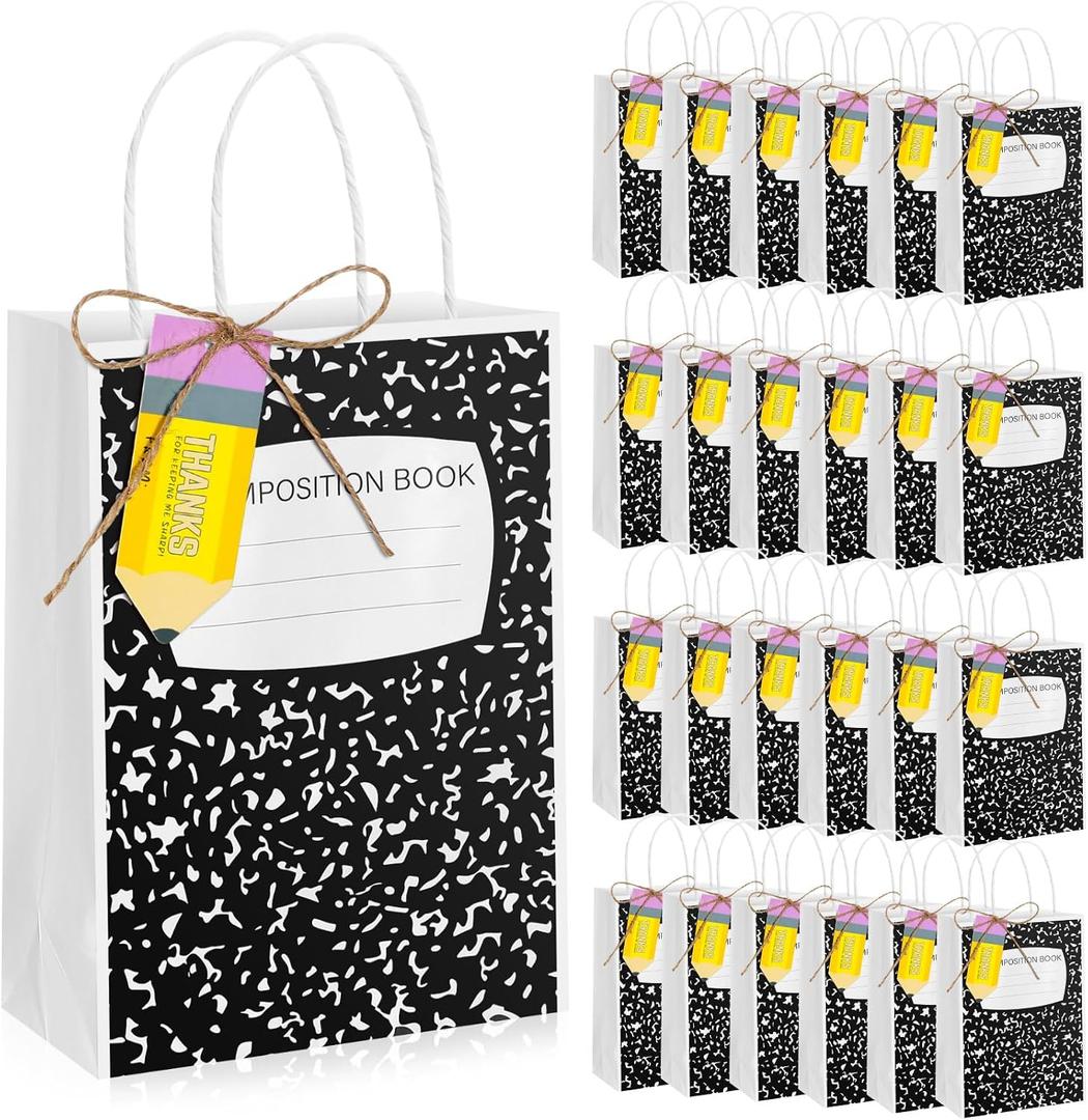 Kolldenn 24 Sets Teacher Appreciation Gift Bags with Handles Thank You Teacher Gifts Composition Book Treat Tote Bags with Pencil Tags for End of Year Graduation School Staff, 5.9" x 8.3" x 3.2"