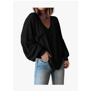 BTFBM Womens Fall Fashion 2025 Long Sleeve Shirts Casual V Neck Ribbed Knit Blouses Pullover Trendy Loose Fit Tunic Tops, Size L