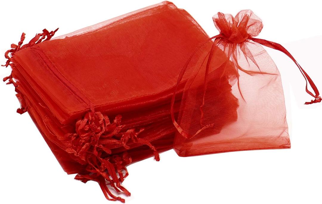 50Pcs Red Organza Gift Bags 3x4 Inch, Small Mesh Drawstring Christmas Candy Bags, Baby Shower Party Favor Jewelry Pouches