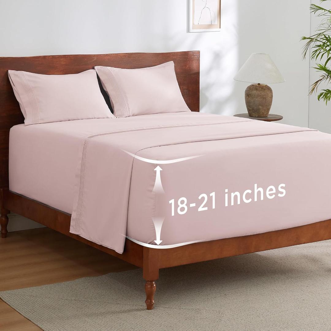 Bedsure Deep Pocket Queen Sheets Set - Fits Mattresses Up to 21 Inches Thick - 4 Piece GentleSoft Bed Sheets, Moisture Wicking, Soft & Cooling Bedsheet & Pillowcases, Easy & Secure Fit, Blush Pink