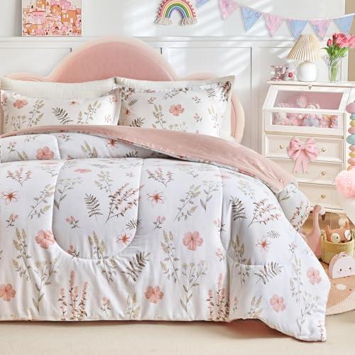 Joyreap 3pcs Floral Cotton Comforter Set for Girls, Pink Flowers n Leaves Botanical Design, Twin Size Soft n Cozy Bedding Comforter Set for All Season- 90x80 inches
