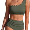 Charmo Womens One Shoulder Bikini Sets High Waisted Tummy Control Bathing Suits Ribbed Scalloped Two Piece Swimsuit 2026 (Green, M)
