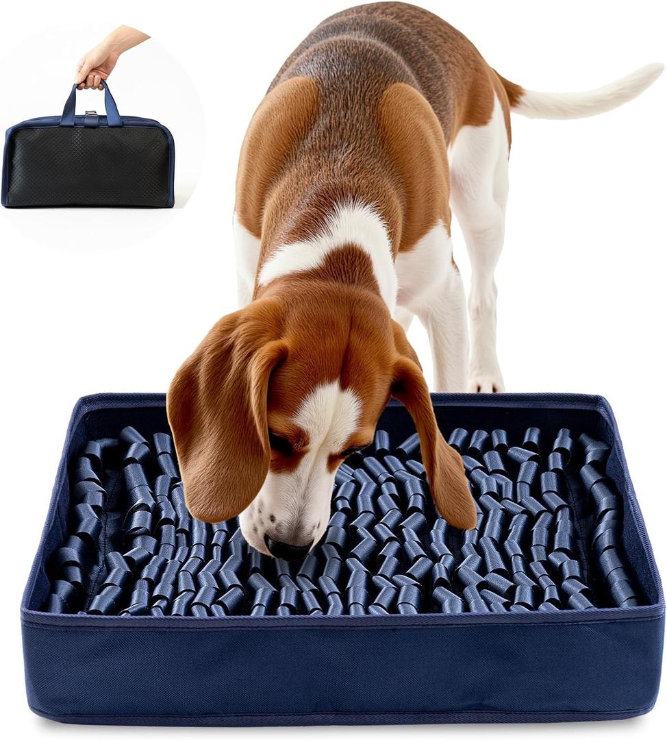 FunFurry Snuffle Mat for Dogs, Dog Puzzle Mat, Interactive Dog Toys for Enrichment, Sniff Mats with Non-Slip Backing, Portable Design Easy to Store (Navy, 14" X 12"-Portable)