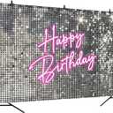 7x5 FT Happy Birthday Backdrop Girls Women Party Pink and Silver Birthday Decorations Pink Happy Banner Shining Shimmer Wall Background Photo Studio Props (Not Real Glitter)