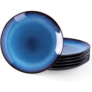 LERATIO Ceramic Dinner Plates Set of 6, 10.5 Inch Handmade Reactive Glaze Porcelain Plates, Coupe Shape Dinnerware Dishes Set for Kitchen,Oven& Microwave & Dishwasher Safe, Scratch Resistant-Blue