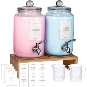 2 Pack Glass Laundry Detergent Dispenser,Sturdy glass Fabric Softener Dispenser With Leak Proof Pump,Reusable Container & Bamboo Stand-108Oz Big Laundry Soap Container For Washer Room Organization (2)