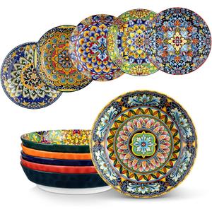 vancasso Pasta Bowls, Ceramic Salad Bowls Set of 6, 32 oz Large Corlorful Serving Bowls for Kitchen, Dishwasher & Microwave Safe Soup Bowls Set, Pasta Plates (Bohemian Style)