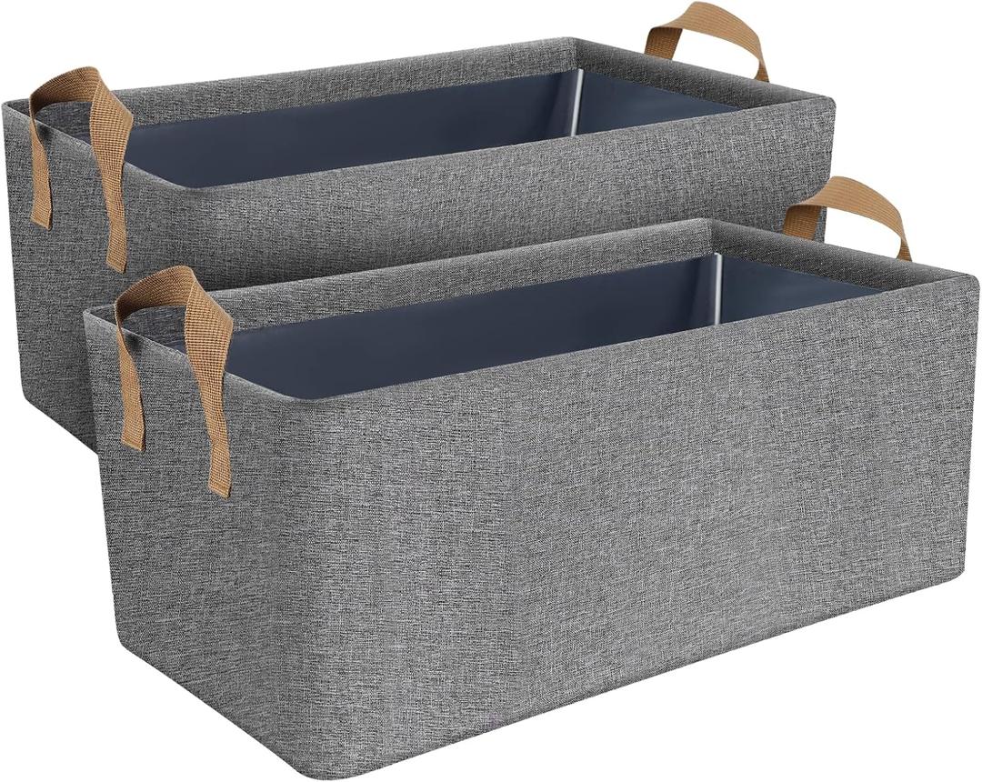 Dayard Fabric Storage Bins with Metal Frame, Large Storage Baskets for Closet Organizing, Rectangle 2-Pack, Grey
