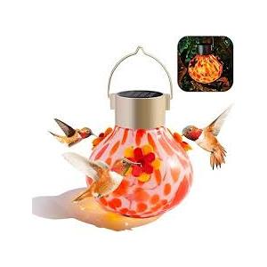 Hummingbird Feeder with Solar Light, Outdoor Glass Hummingbird Feeder, Auto-Lighting Solar Lamp for Garden Decor, 3 Feeding Ports Attract More Birds, Waterproof Design, Ideal Gift (Orange)