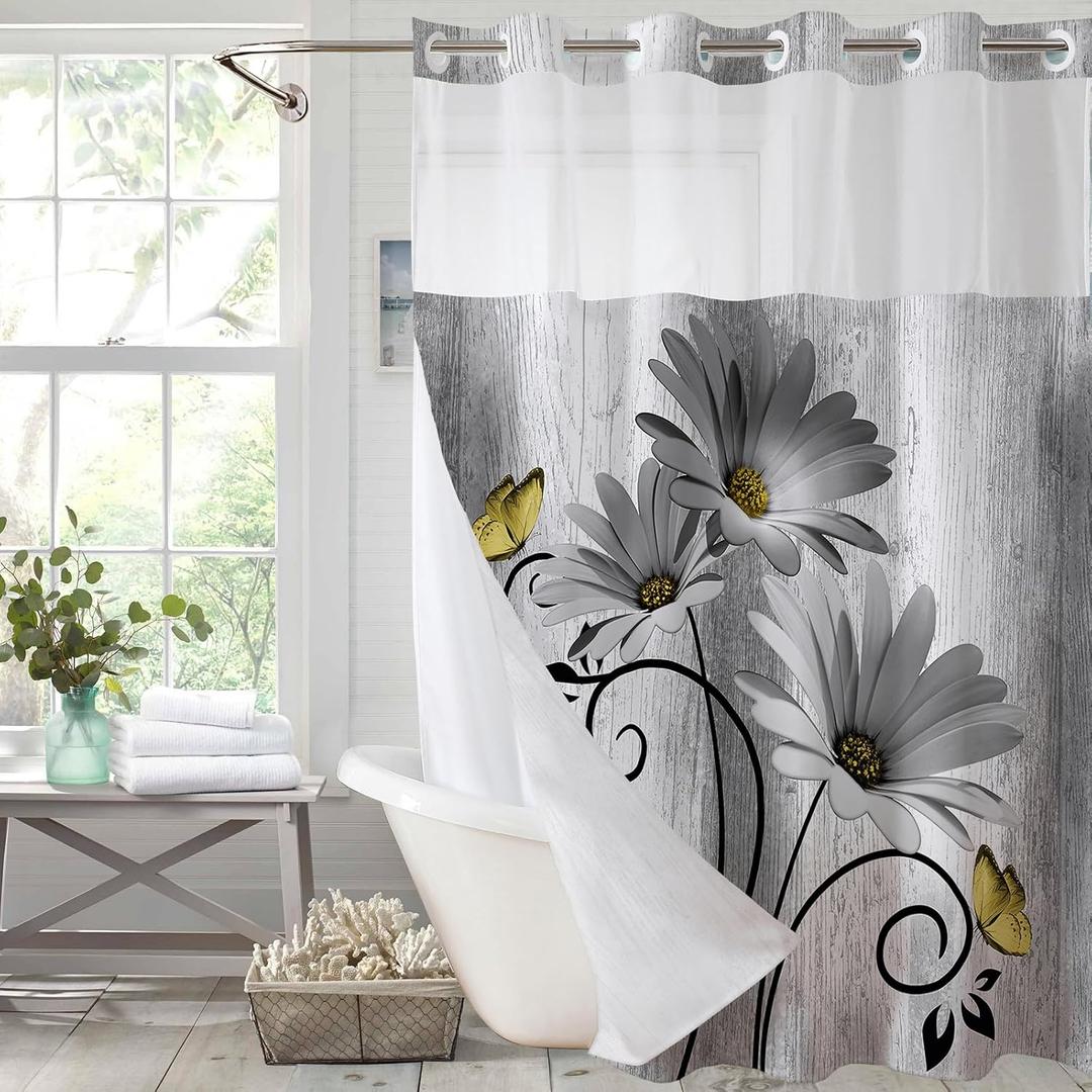 Hookless Shower Curtain with Snap in Liner, Grey No Hook Shower Curtains for BathroomShower Curtain and Liner Set for Bathroom Decor,Waterproof & Washable,72W x 75L Inch