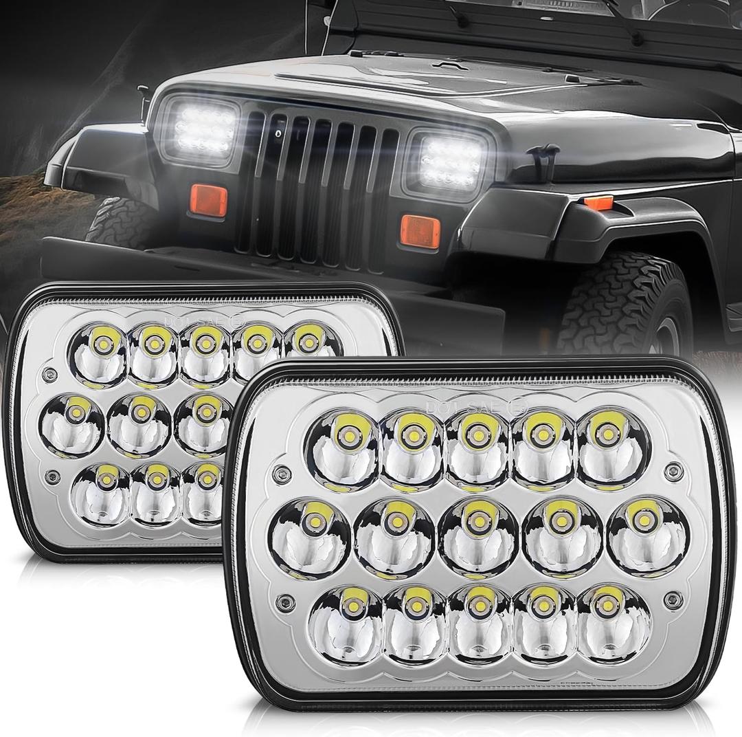 Auto Dynasty H6054 LED Headlight assembly 7x6 5x7 Headlamp Hi/Low Sealed Beam Compatible with Chevy Express Blazer Van GMC S10 C/K Ford E/F Jeep Wrangler YJ XJ CherokeeTruck Van, 5000K Output, Chrome