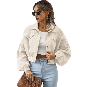 Qiaomai Womens Cropped Corduroy Jacket Loose Button Down Puff Sleeve Shacket Coat (S, Beige)
