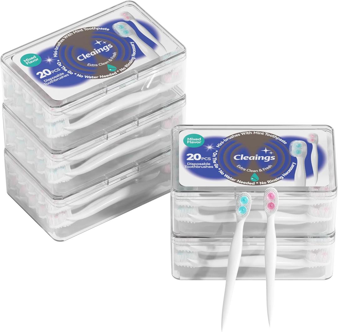 cleaings Mini Brushes-Disposable Toothbrushes with Double Cleaning Beads Toothpaste and Pick for Daily Life or Travel, 20 Count-Mixed FlavorPack of 5