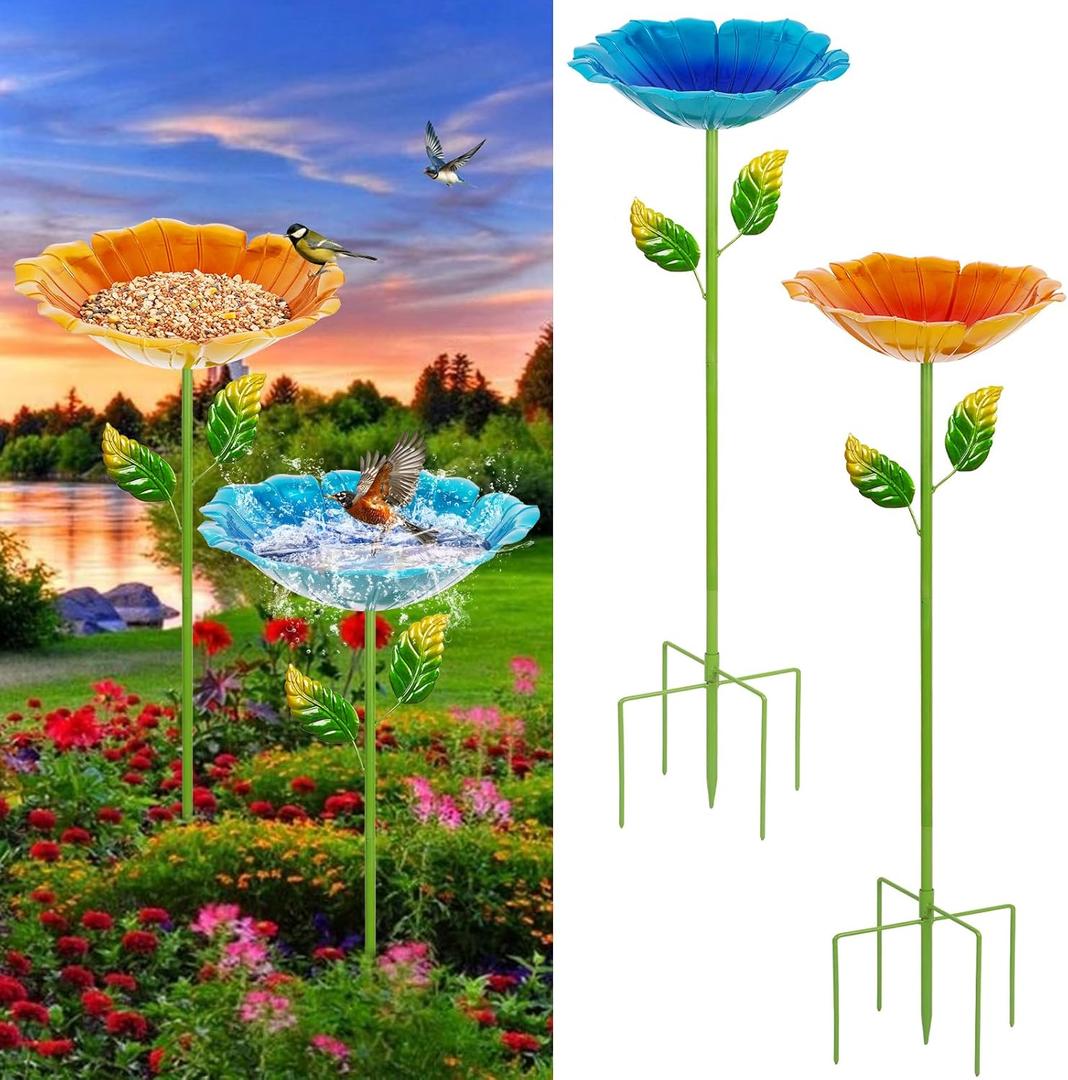 2 Pack Bird Baths for Outdoors, Colorful Metal Bird Bath for Outside, Hummingbird Bath with Five Stakes, Garden Flower Small Birdbath for Garden Decor, 31.3" H x 10.63" Dia (Blue,Yellow)
