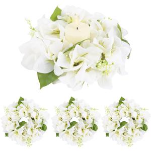 IPOPU White Candle Rings for Pillars,4PCS Bougainvillea Candle Wreath Rings Artificial Floral Candle Rings for Tapers Wedding Tables Centerpieces Valentine's Day Wall Farmhouse Home Decor (White)