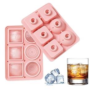 Large Silicone Ice Cube Molds with Lid, Easy Release 1.7 Inch Big Ice Cube Tray, Food-Grade Sphere Ball & Square Ice Cube Maker for Cocktail, Whiskey, Bourbon, Coffee, Drinks (Pink)