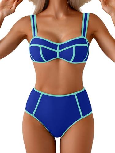 Eomenie Bikini Sets for Women Two Piece Swimsuits High Waisted Color Block Bathing Suits Tie Back Swimwear, S