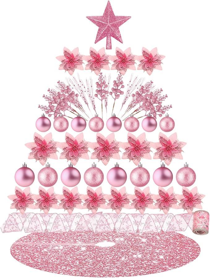 Christmas Tree Ornament Set Xmas Assorted Decorations Bulk Glitter Poinsettia Berry Picks Topper Star Sequin Tree Skirts for Home Wreaths Holiday Party Favors (Pink)