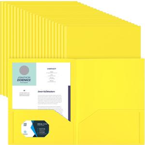 Gueevin 150 Pcs Plastic Folders with Pockets, Two Pocket Folder Fit 8.5 x 11 Inch Letter Size Paper, Heavy Duty School Folders Business Card Holder for Home Office School Bussiness (Yellow)
