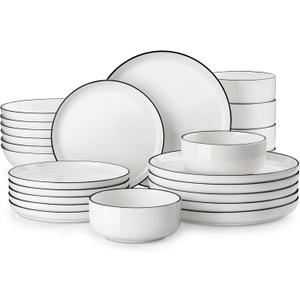 MALACASA Plates and Bowls Sets, 24 Pieces Modern Porcelain Dinnerware Set for 6 Ceramic Dishware Dishes White Kitchen Dinner Dining Ware Set wtih Black Rim Microwave and Dishwasher Safe, Series LUNA