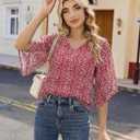 Uhiger 3/4 Length Sleeve Womens Tops V Neck Chiffon Blouse Dressy Casual Double Layered for Weekend Outings and Everyday Wear (Red, L)