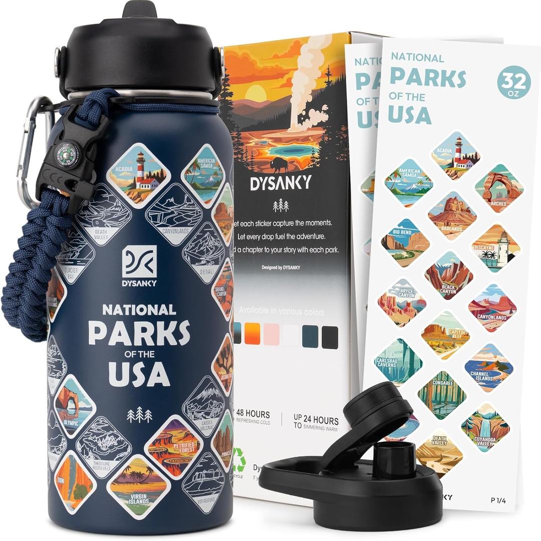 DYSANKY National Parks Water Bottle  32 oz Insulated Stainless Steel Water Jug with 63 Hand-Drawn Park Stickers, Outdoor Accessories & Gift Box  BPA-Free  Ideal for Hiking, Camping & Travel (Navy Blue)