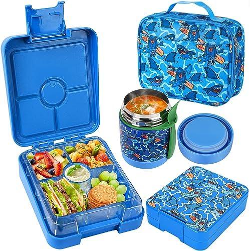 Pawtong Bento Lunch Box Set With 10oz Soup Thermo, Leak-proof Lunch Containers with 4 Compartment, Kids Hot Thermo Food Jar/Insulation Lunch Bag, Food Containers for School（Shark）