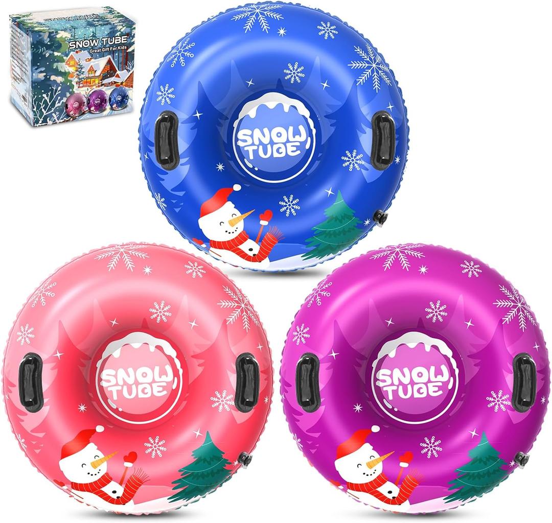 Snow Tube, 36 3Packs/4Packs Snowman Snow Tubes for Kids & Adults, Durable Cold-Resistant Inflatable Snow Sled, Sledding Heavy-Duty Hard Bottom & Handles, Perfect Family Snow Toys Xmas Gifts (blue, pink, purple)